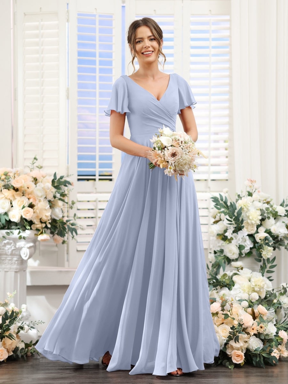 Lavetir ARIA light blue chiffon bridesmaid dress, ruched, a-line, v-neck, 4, NWT